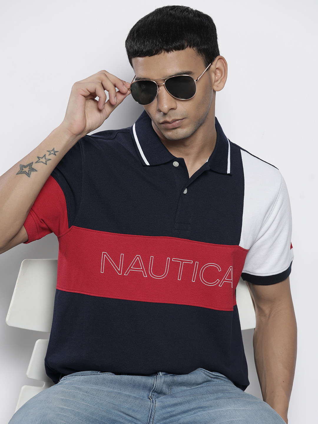 

Nautica Men Navy Blue & Red Pure Cotton Brand Logo Colourblocked Polo Collar T-shirt