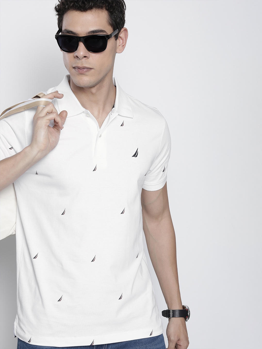 

Nautica Men White & Red Printed Polo Collar Pure Cotton T-shirt