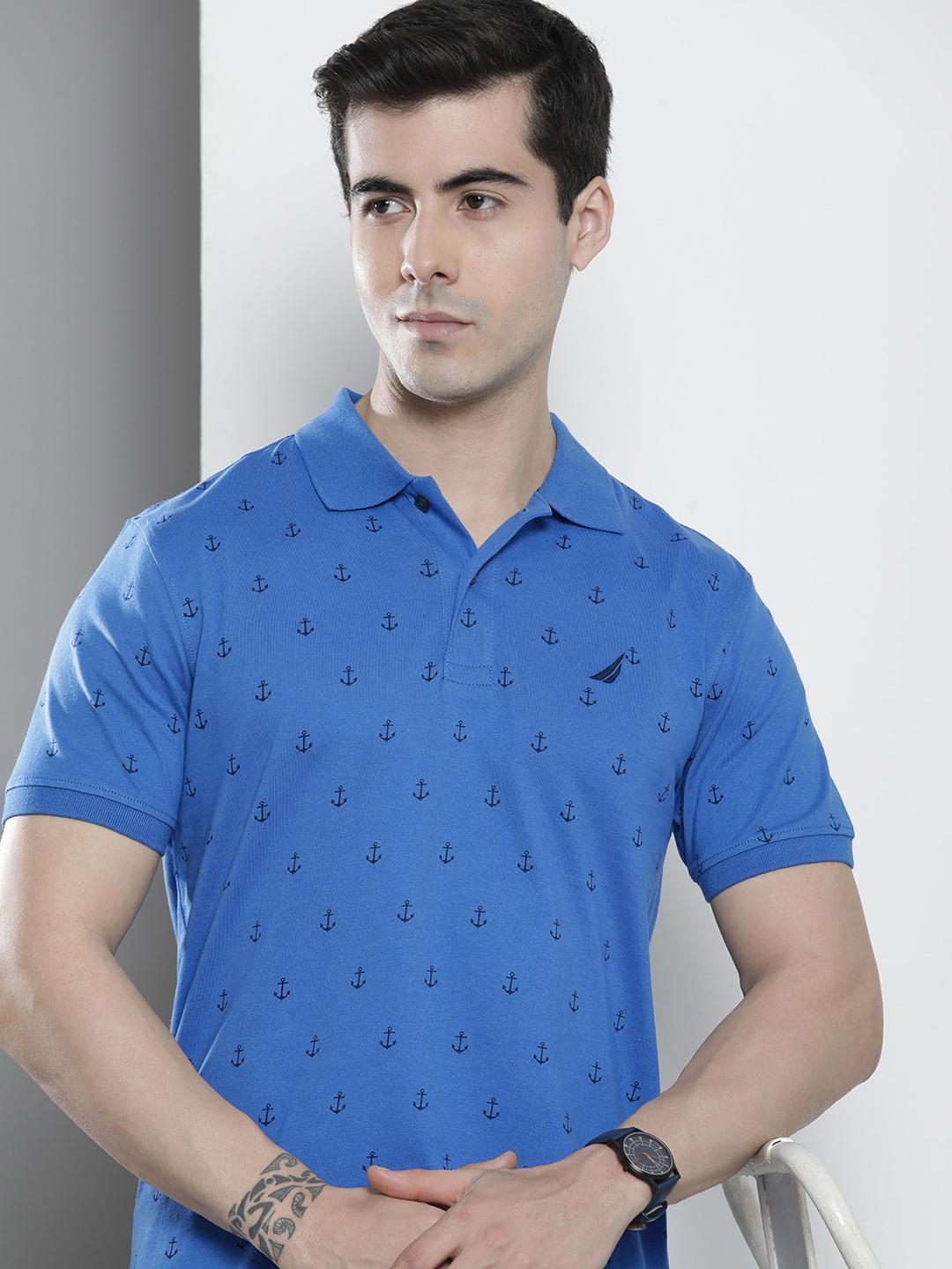 

Nautica Men Blue Anchor Printed Polo Collar Pure Cotton T-shirt