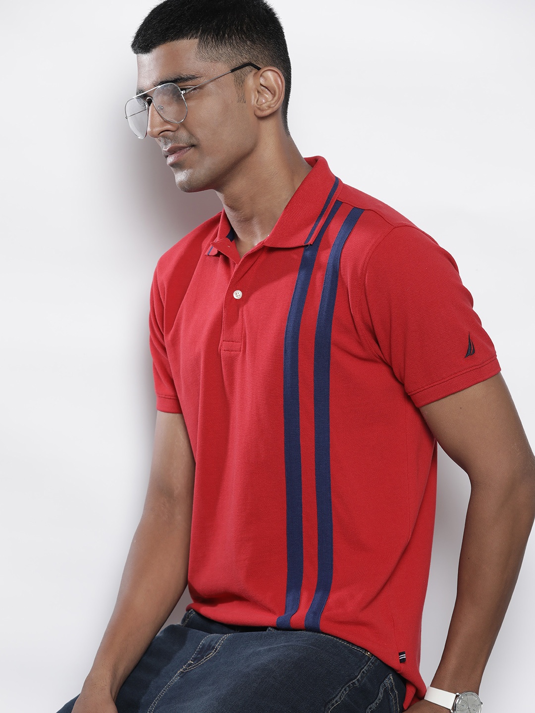 

Nautica Men Red & Navy Blue Striped Polo Collar Pure Cotton T-shirt