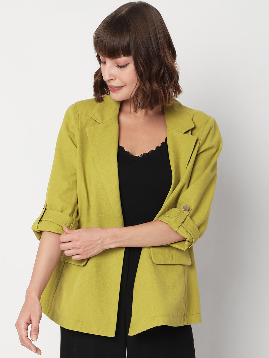 

Vero Moda Women Green Solid Single-Breasted Blazers