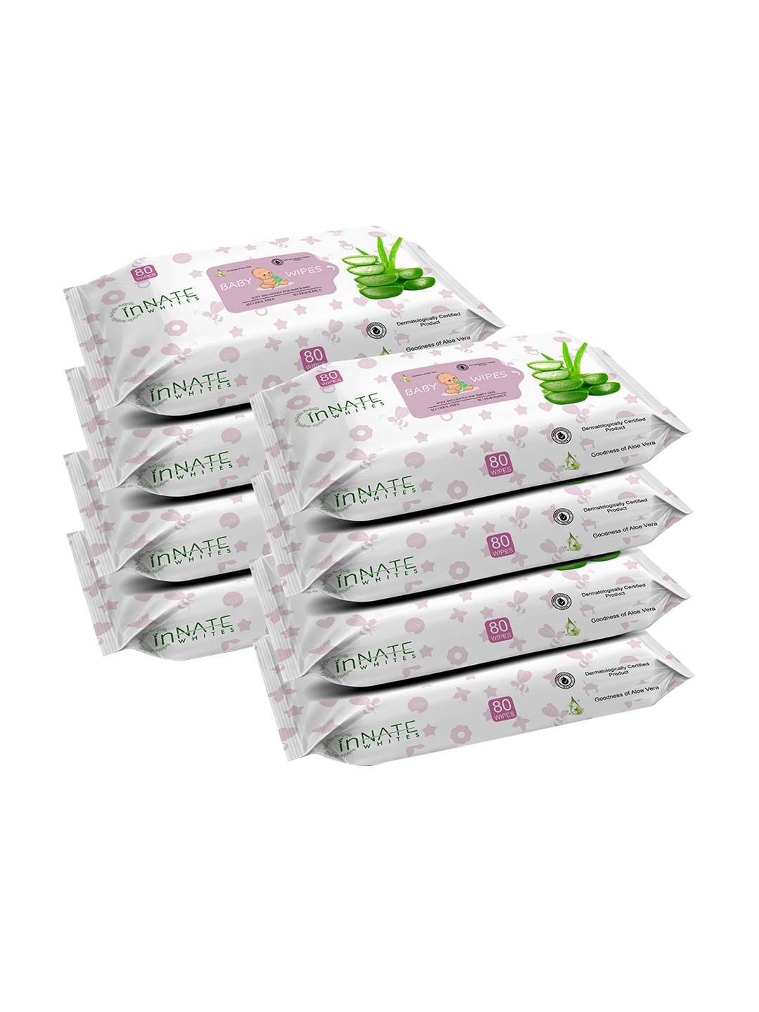 

InnateWhites Kids Set of 8 Soft & Gentle Baby Wipes with Aloe Vera - 80 Wipes Each, Pink