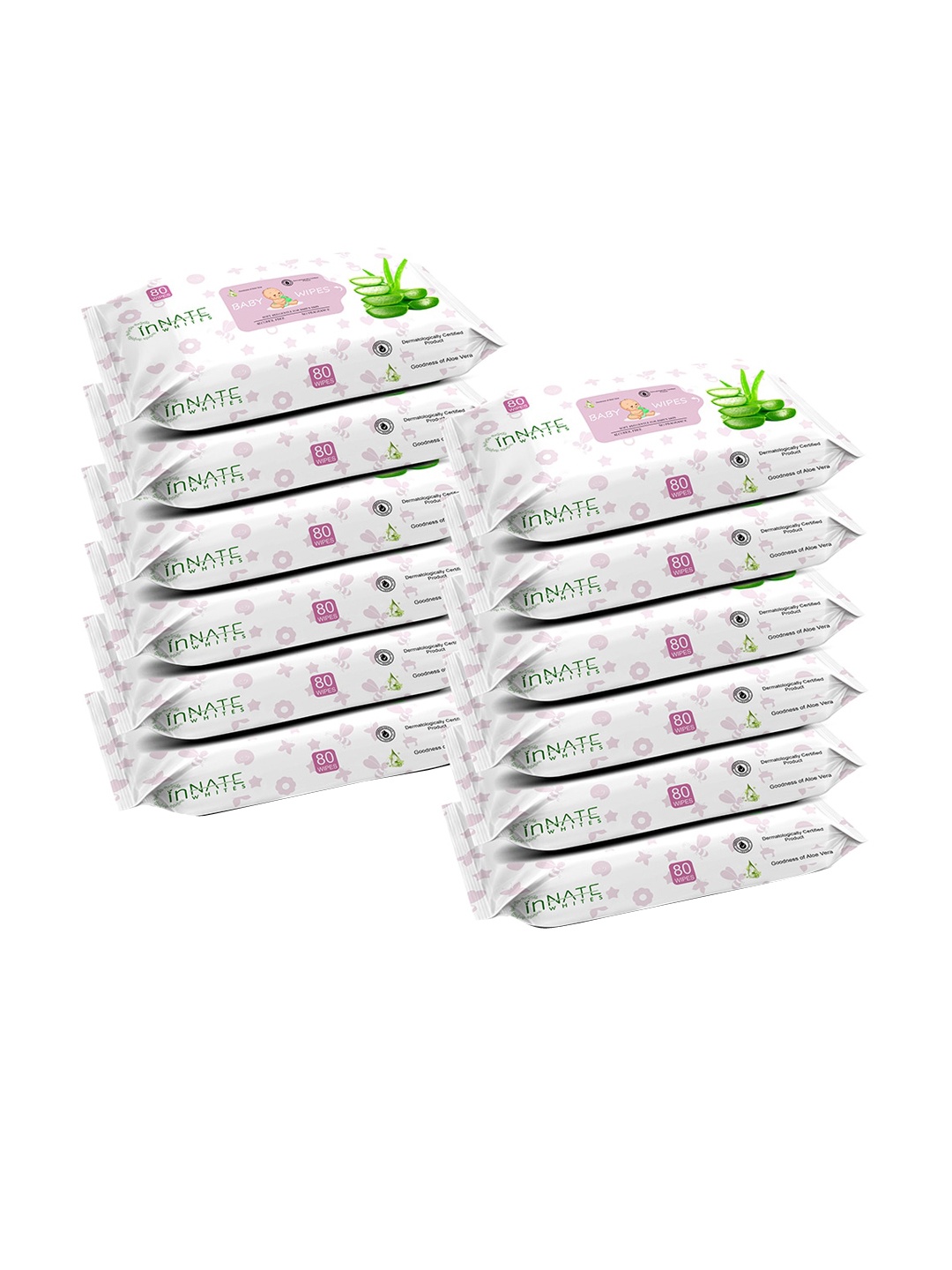 

InnateWhites Set of 12 Gentle Aloevera Baby Wipes with Fliptop Lid - 80 Pulls Each, White