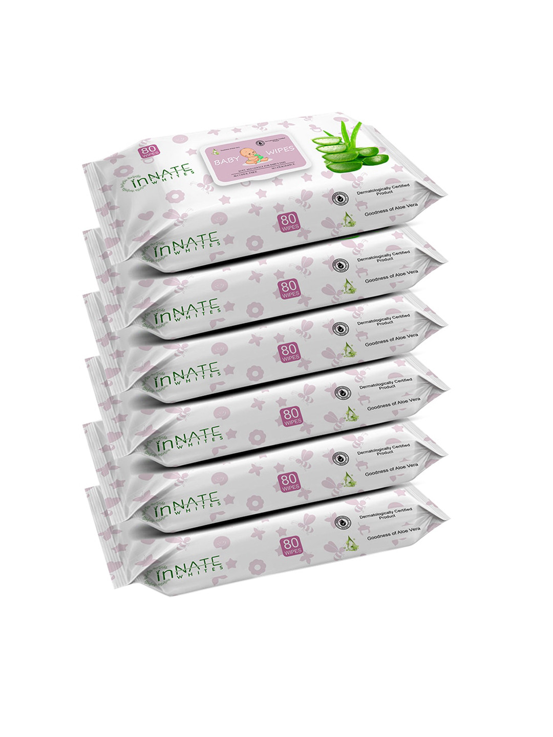 

InnateWhites Kids Set of 6 Soft & Gentle Baby Wipes with Aloe Vera - 80 Wipes Each, Pink