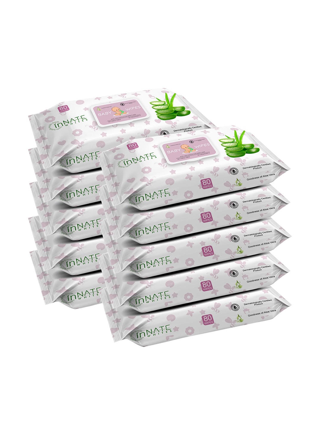 

InnateWhites Kids Set of 10 Soft & Gentle Baby Wipes with Aloe Vera - 80 Wipes Each, Pink