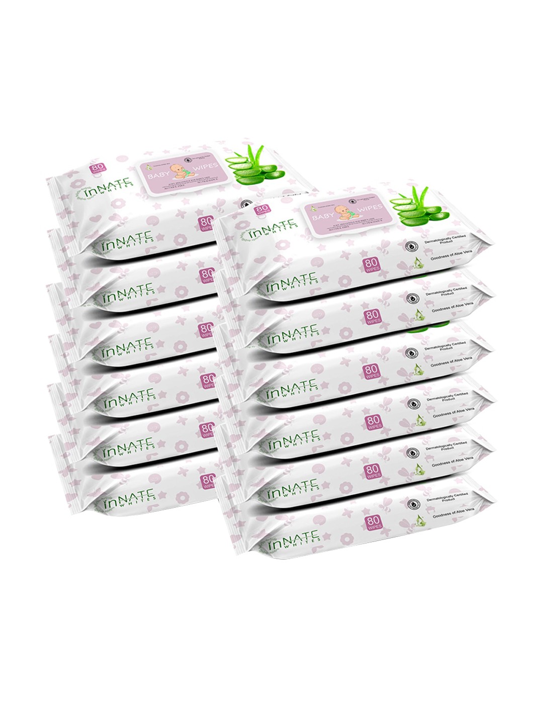 

InnateWhites Kids Set of 12 Soft & Gentle Baby Wipes with Aloe Vera - 80 Wipes Each, Pink