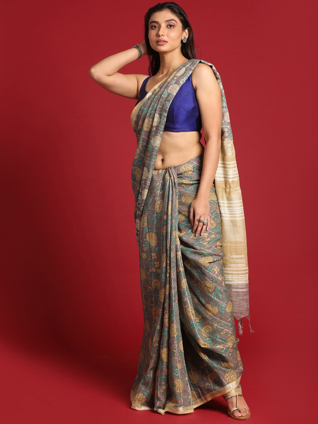 

Indethnic Khaki & Grey Floral Handloom Bhagalpuri Saree