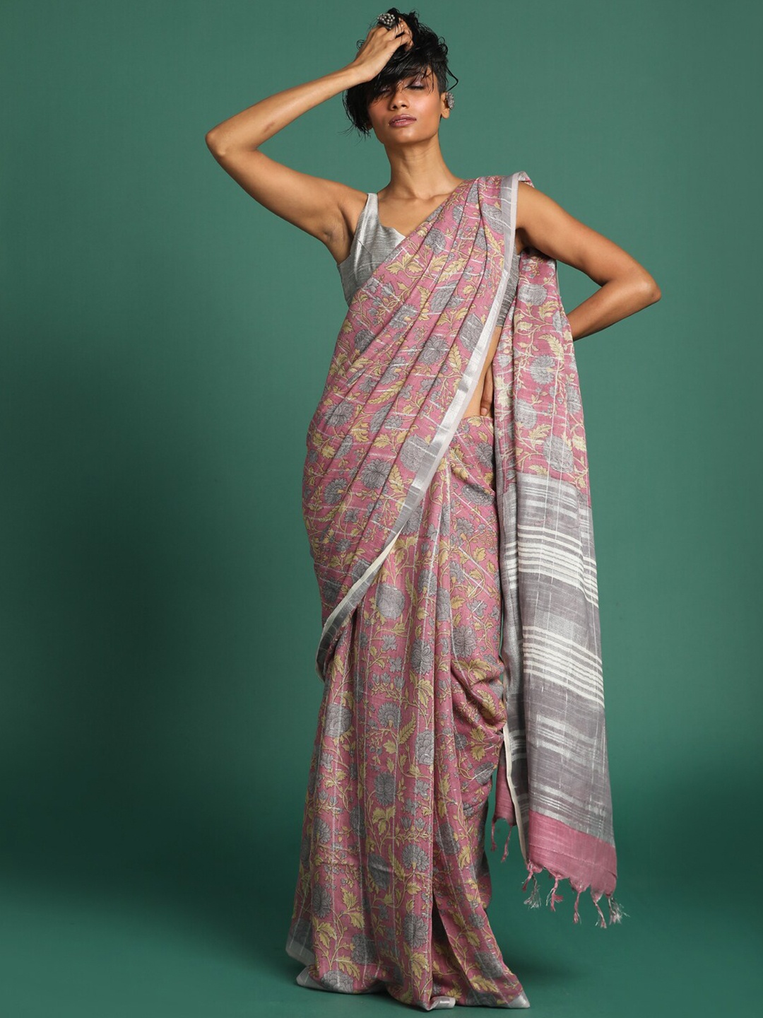 

Indethnic Pink & Grey Floral Zari Bhagalpuri Saree