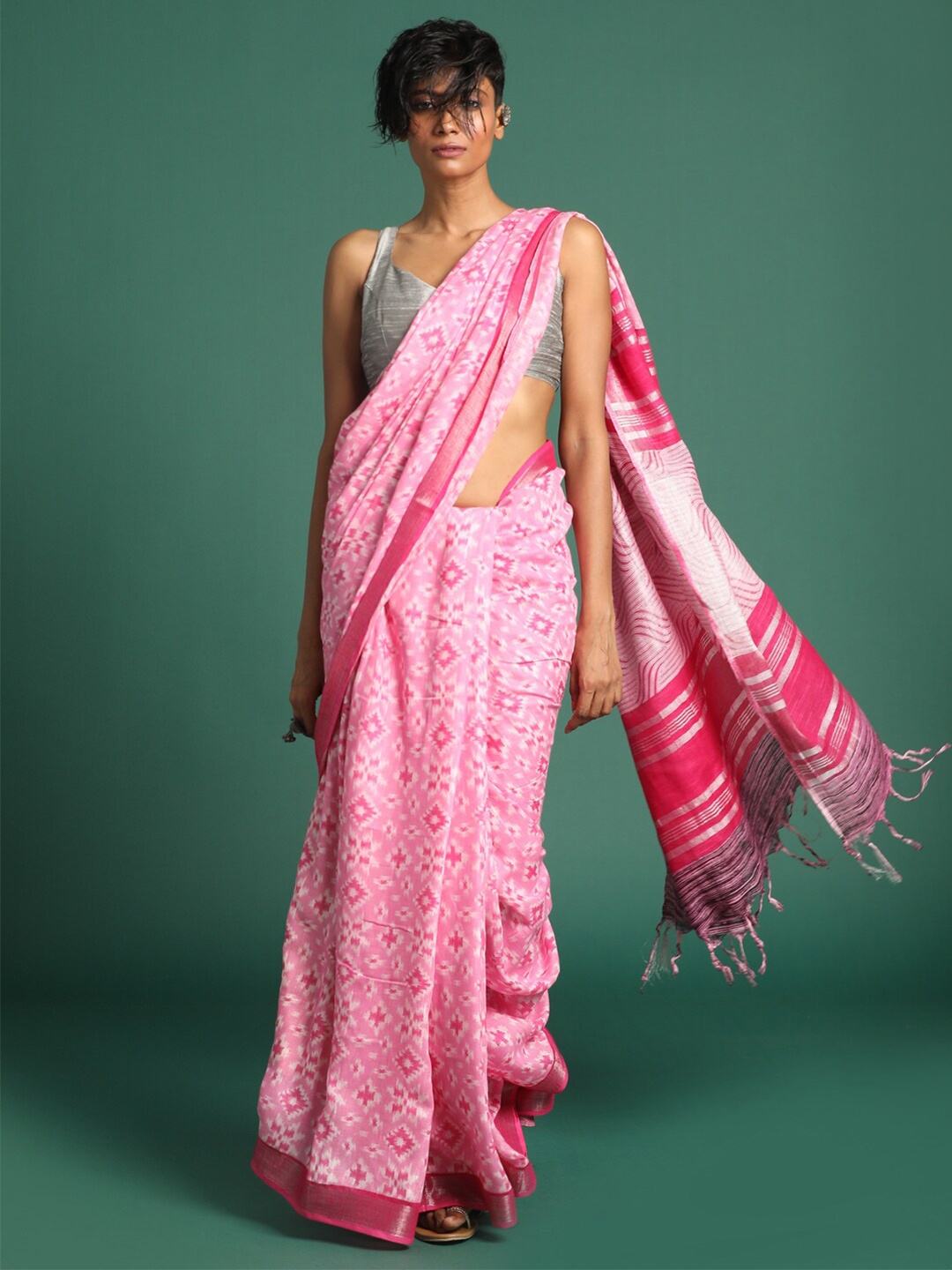 

Indethnic Pink & White Ethnic Motifs Zari Bhagalpuri Saree