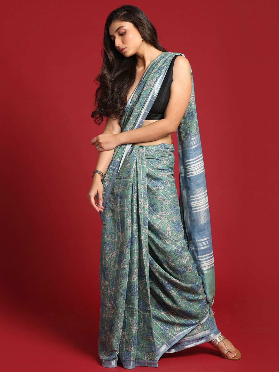 

Indethnic Blue & Silver-Toned Floral Printed Zari Cotton Blend Bhagalpuri Saree