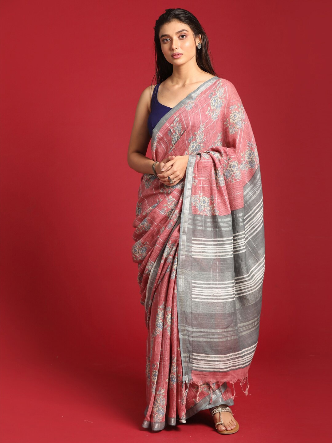 

Indethnic Pink & Grey Floral Zari Bhagalpuri Saree