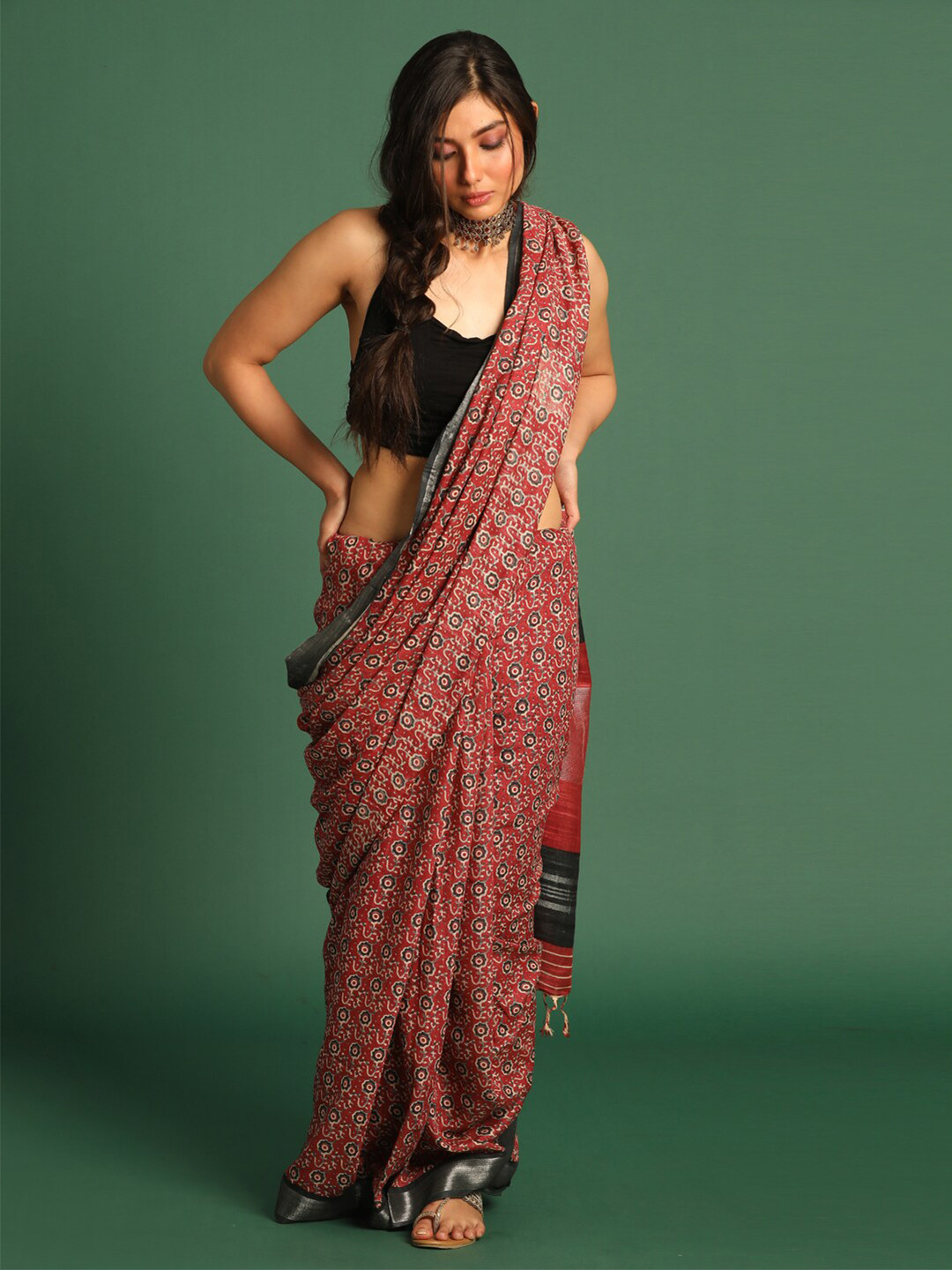 

Indethnic Red & Black Ethnic Motifs Zari Bhagalpuri Saree