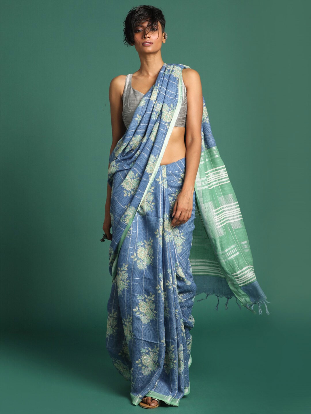 

Indethnic Blue & Grey Floral Zari Cotton Blend Bhagalpuri Sari