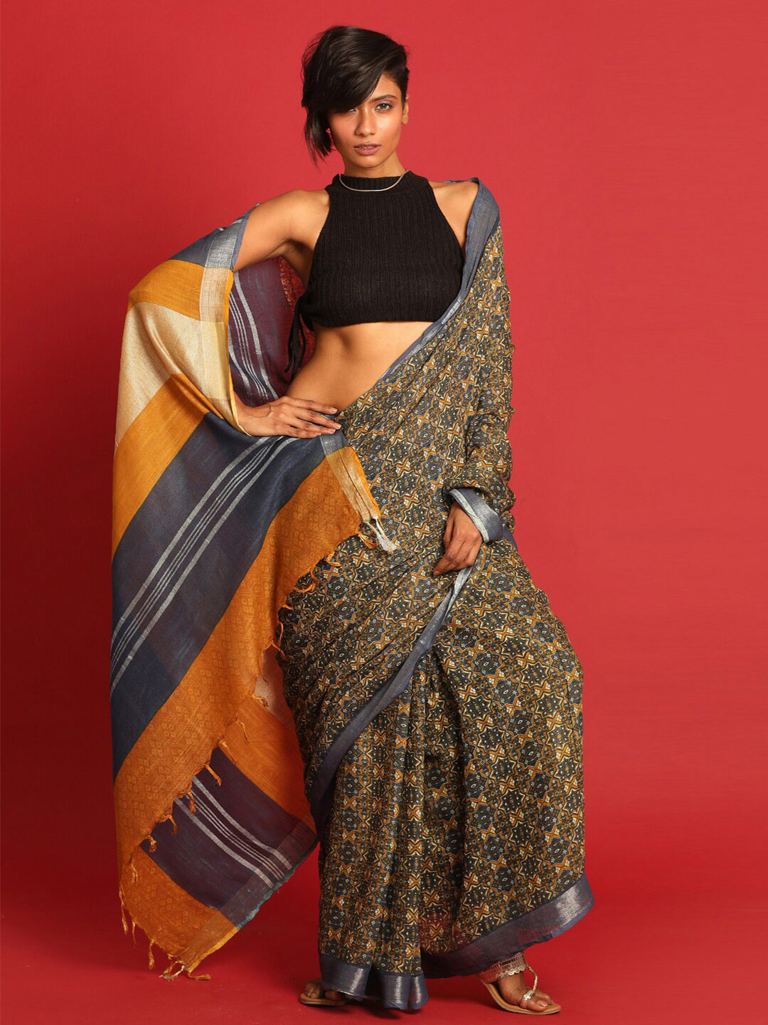 

Indethnic Mustard & Silver-Toned Printed Zari Bhagalpuri Saree