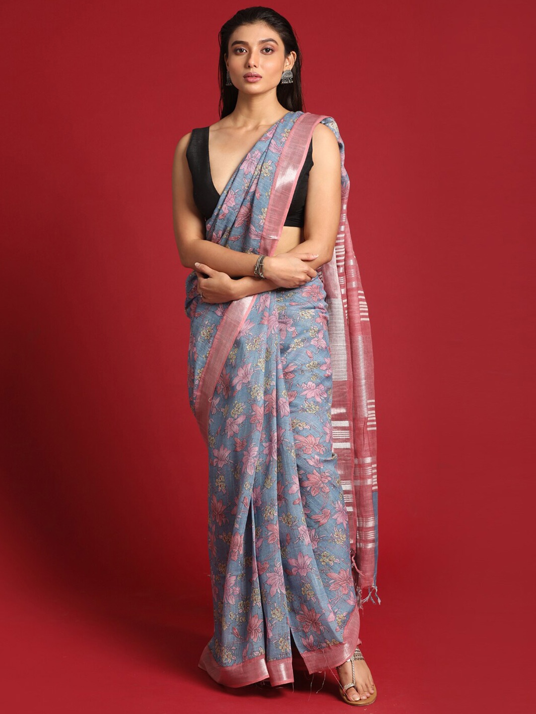 

Indethnic Blue & Silver-Toned Floral Zari Bhagalpuri Saree