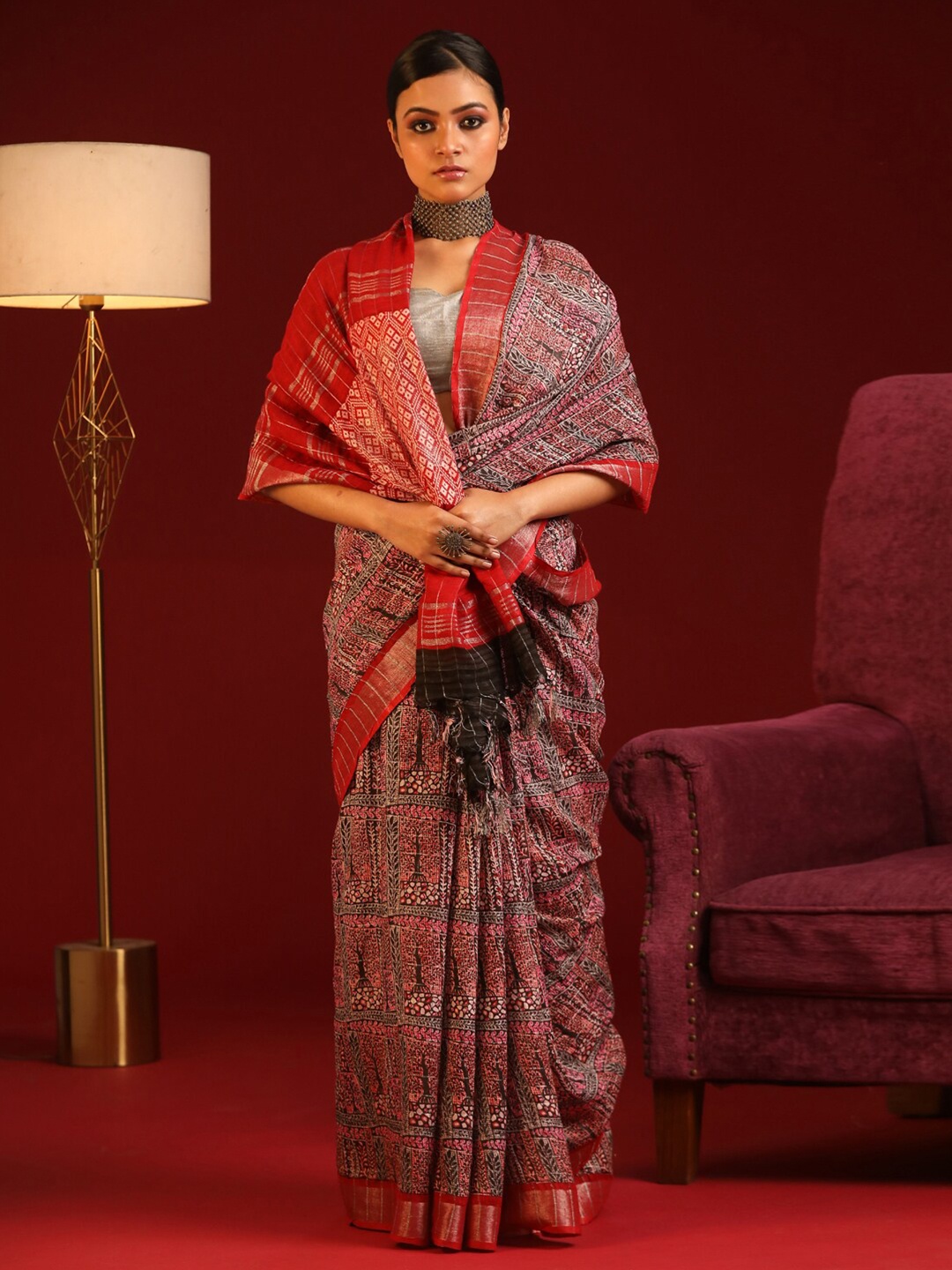 

Indethnic Maroon & Peach-Coloured Printed Zari Bhagalpuri Saree