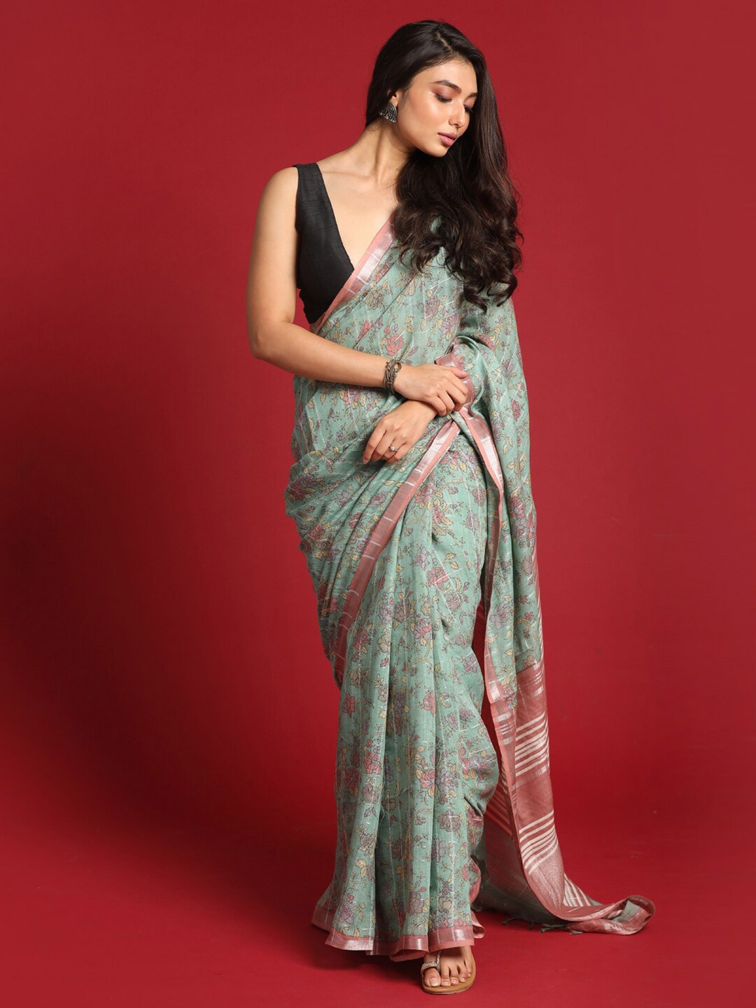 

Indethnic Green & Red Floral Zari Bhagalpuri Saree