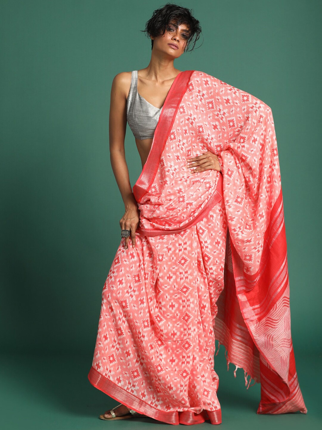 

Indethnic Red & White Ethnic Motifs Printed Zari Cotton Blend Bhagalpuri Saree
