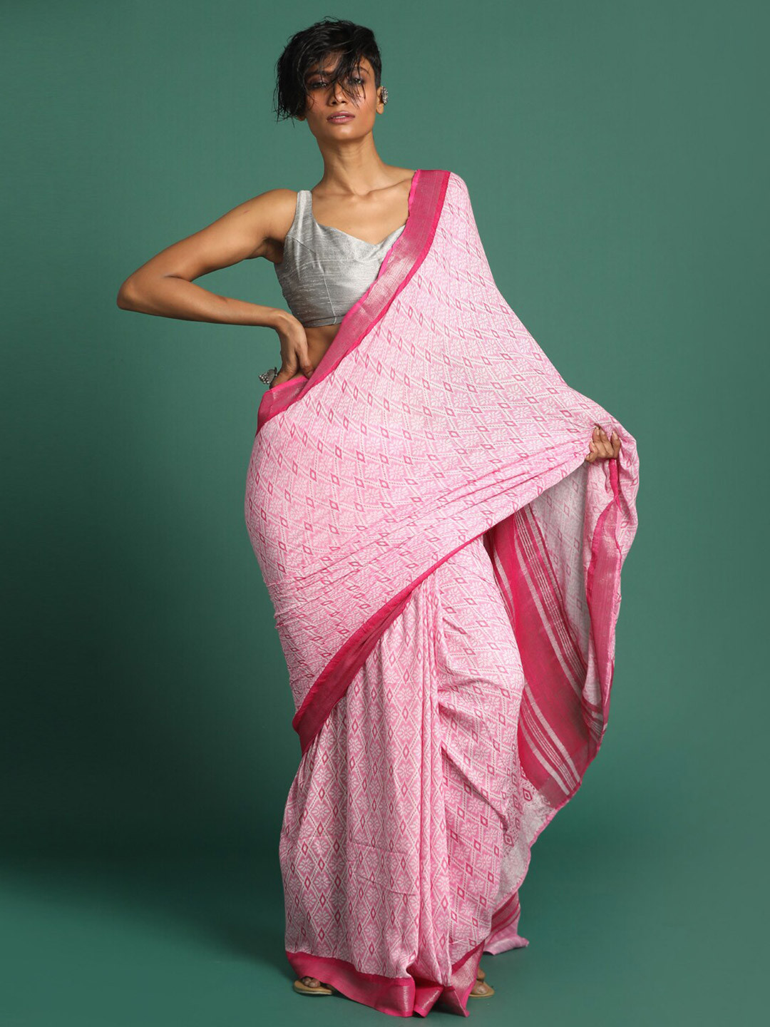 

Indethnic Pink & Silver-Toned Zari Bhagalpuri Saree