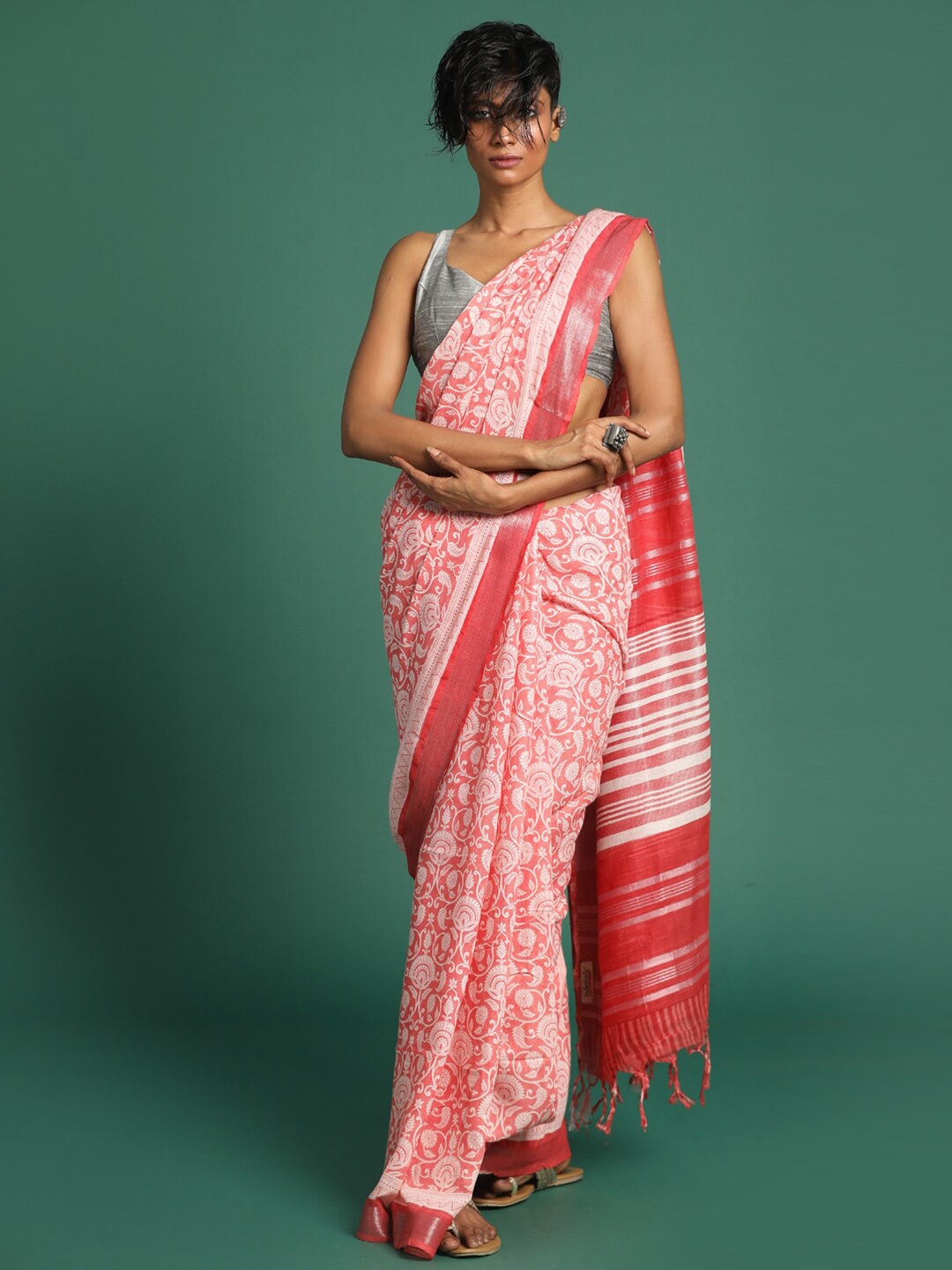 

Indethnic Coral & Silver-Toned Ethnic Motifs Zari Bhagalpuri Saree