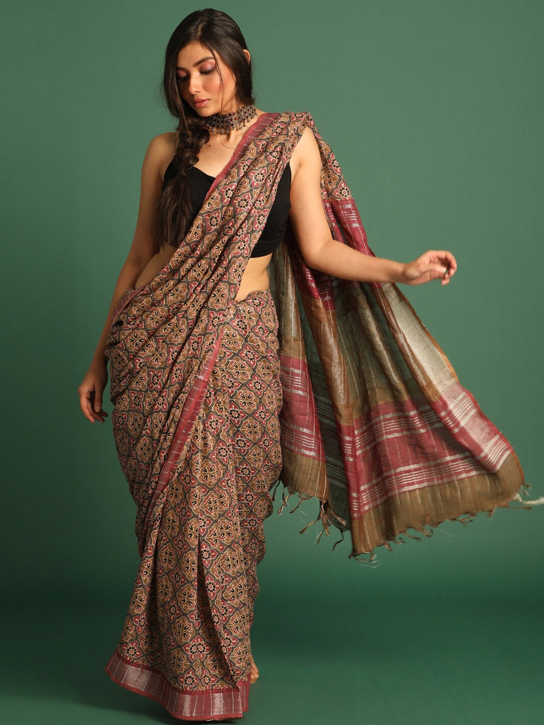 

Indethnic Rust & Black Zari Bhagalpuri Saree