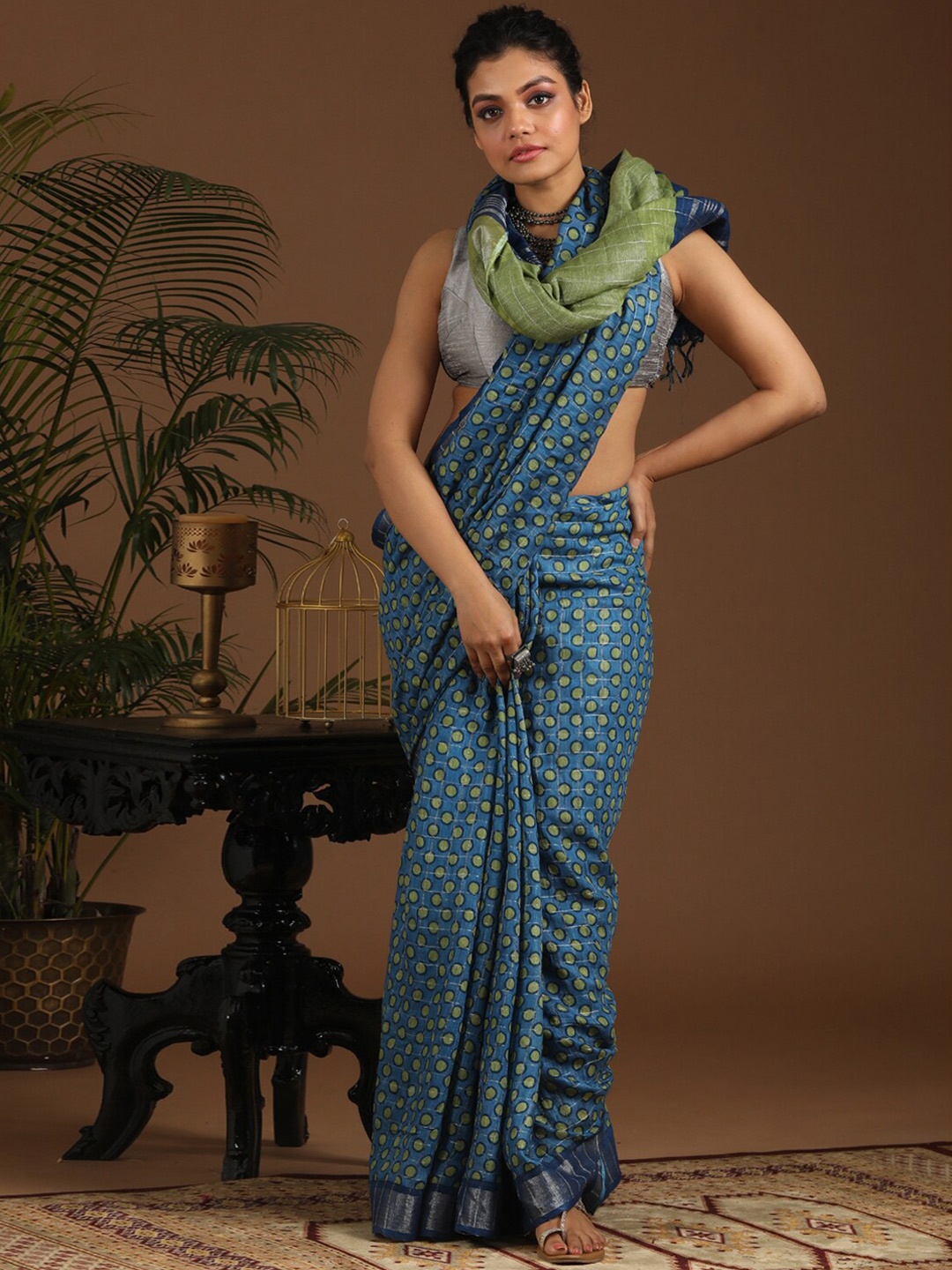 

Indethnic Blue & Green Polka Dots Printed Zari Bhagalpuri Saree