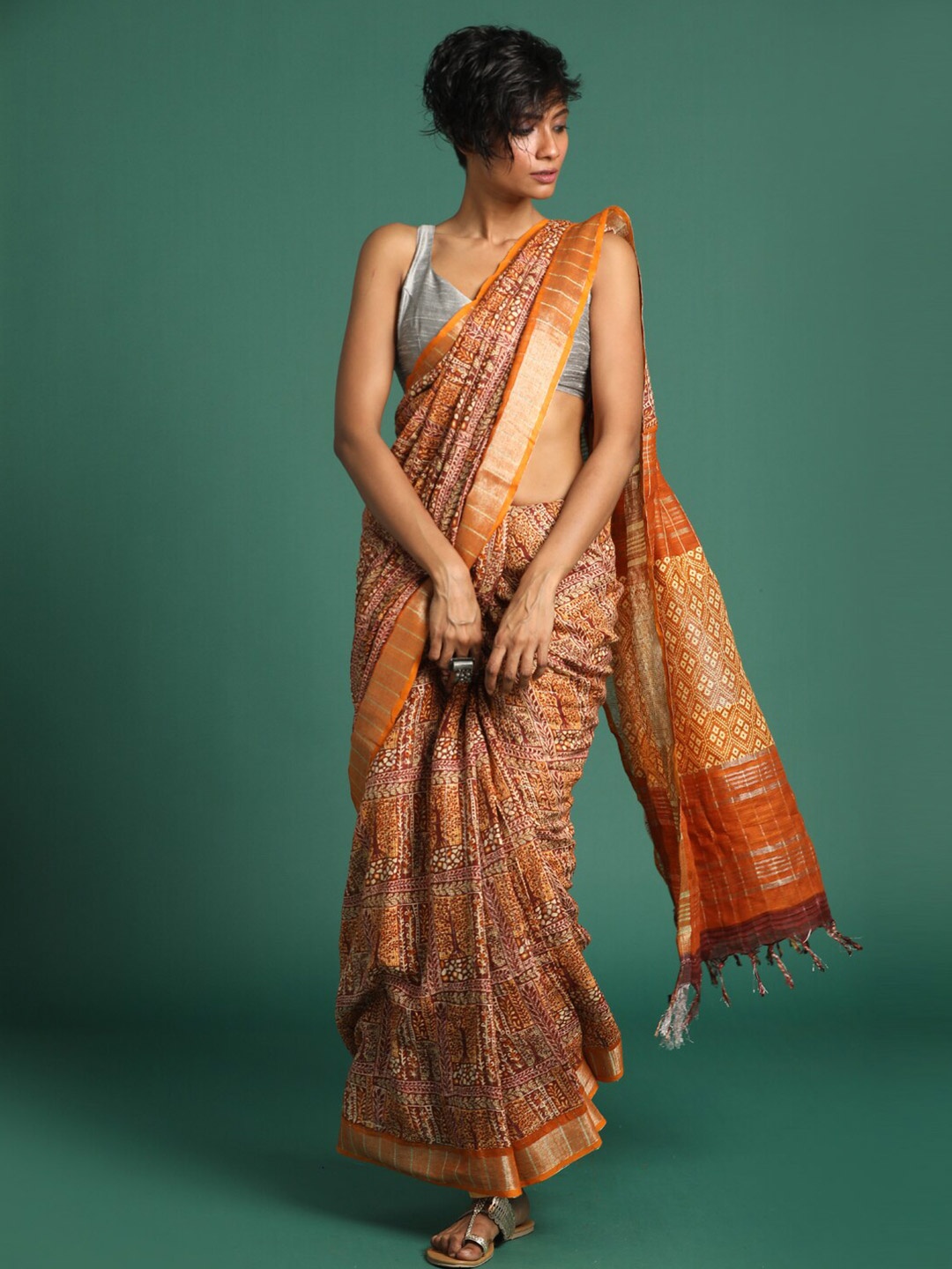 

Indethnic Rust & Silver-Toned Zari Bhagalpuri Saree