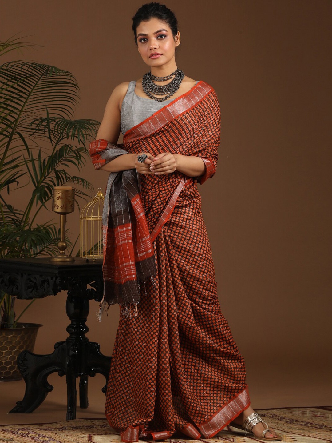 

Indethnic Rust & Black Zari Bhagalpuri Saree