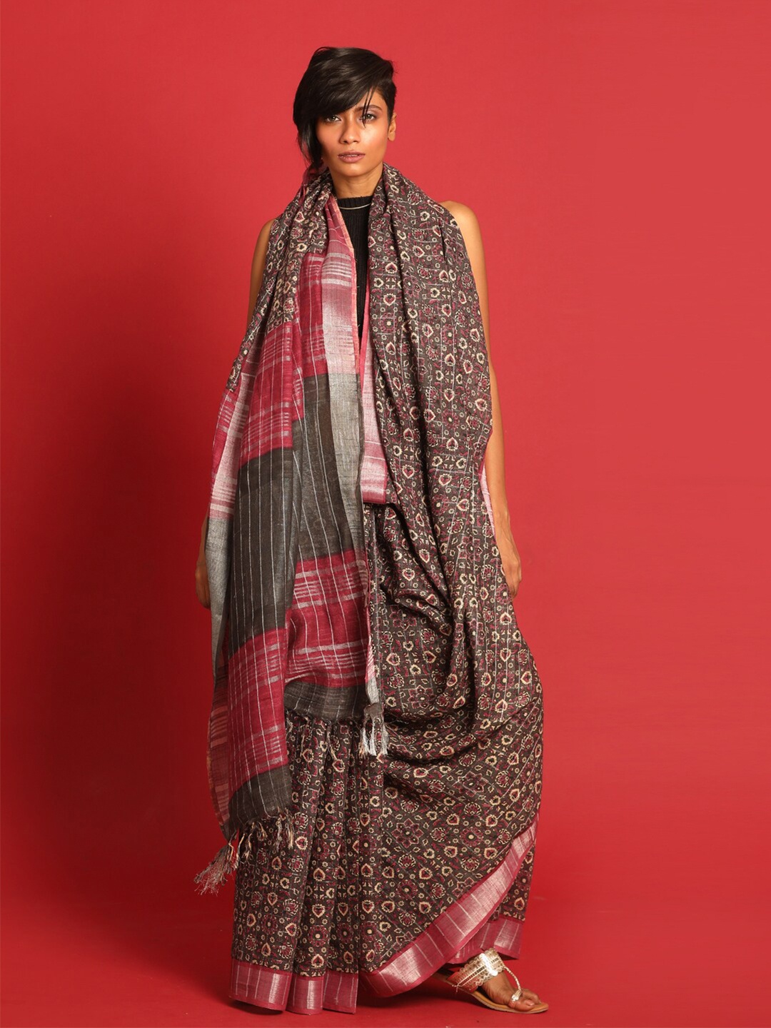 

Indethnic Mustard & Maroon Printed Zari Bhagalpuri Saree