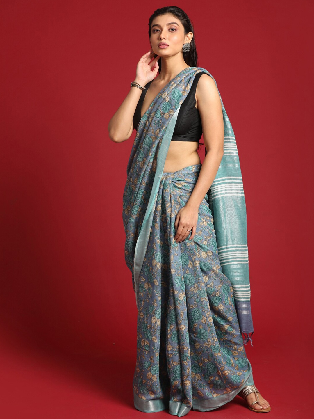 

Indethnic Blue & Silver-Toned Floral Zari Bhagalpuri Saree