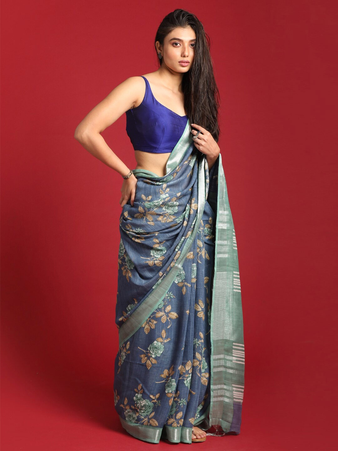 

Indethnic Blue & Brown Floral Zari Bhagalpuri Saree