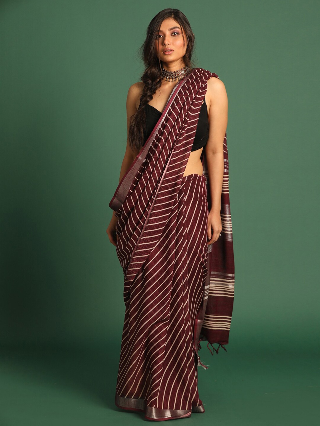 

Indethnic Maroon & Silver-Toned Leheriya Zari Bhagalpuri Saree