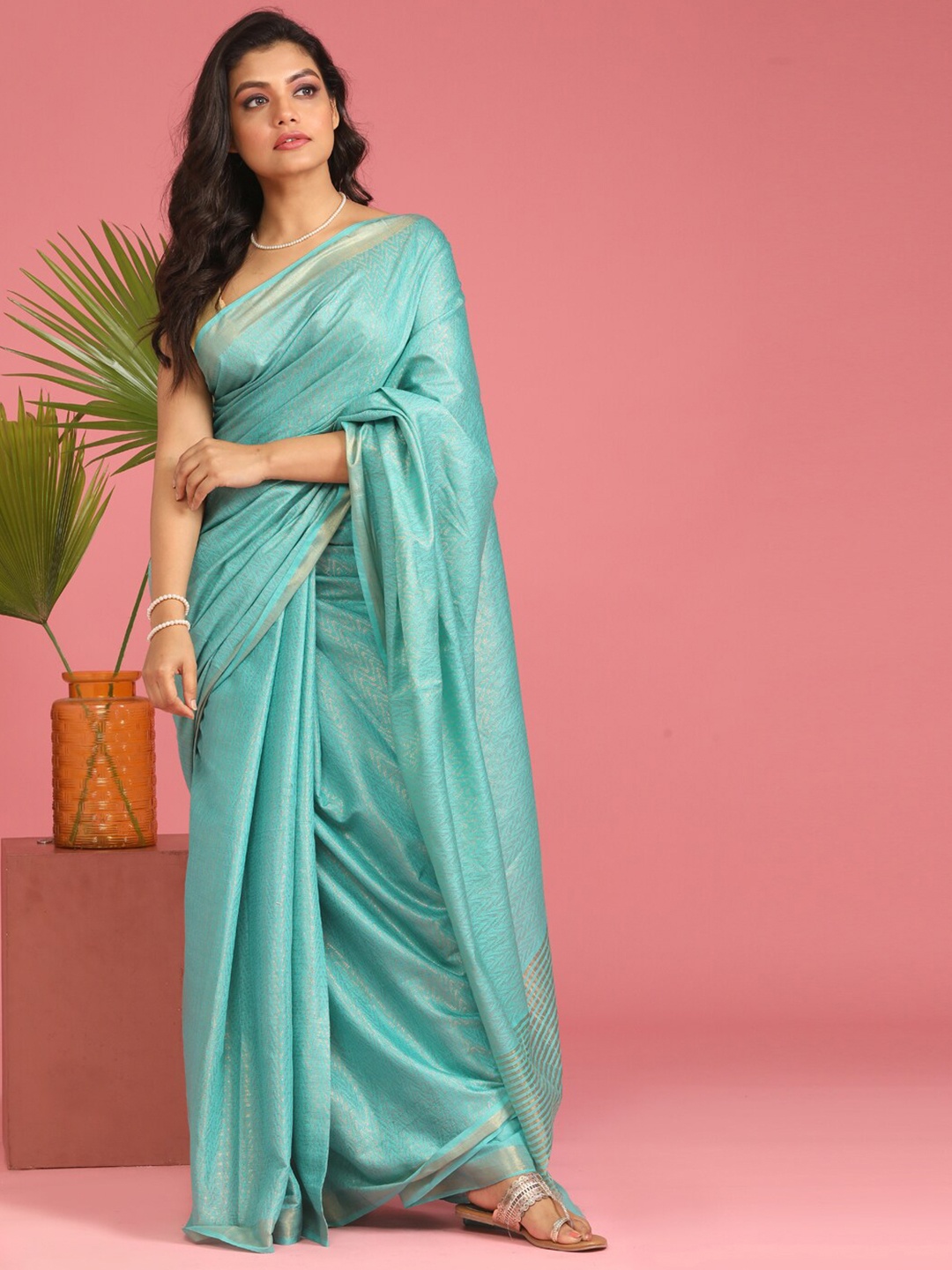 

Indethnic Blue & Silver-Toned Striped Zari Bhagalpuri Saree