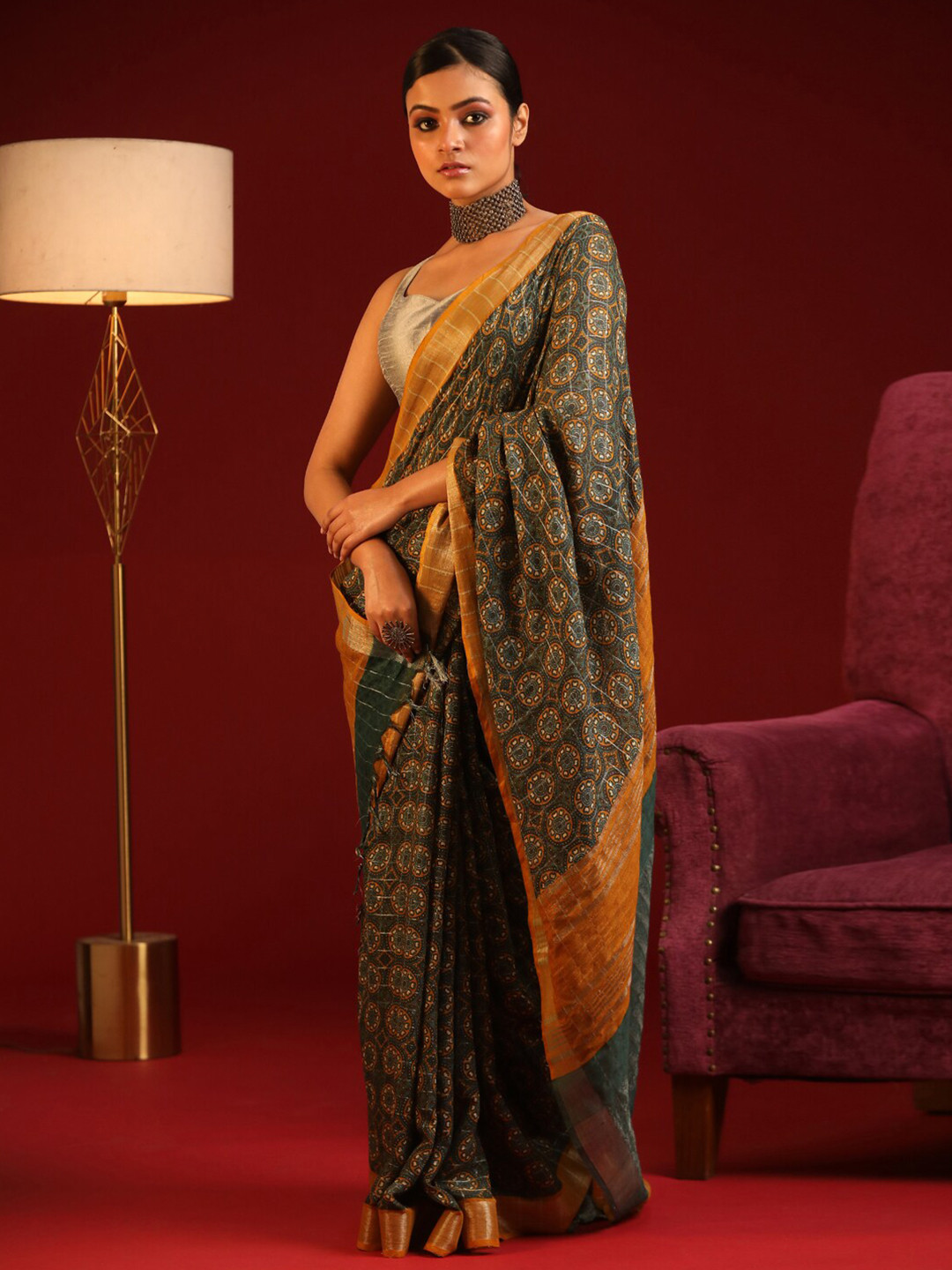 

Indethnic Green & Mustard Printed Zari Bhagalpuri Saree