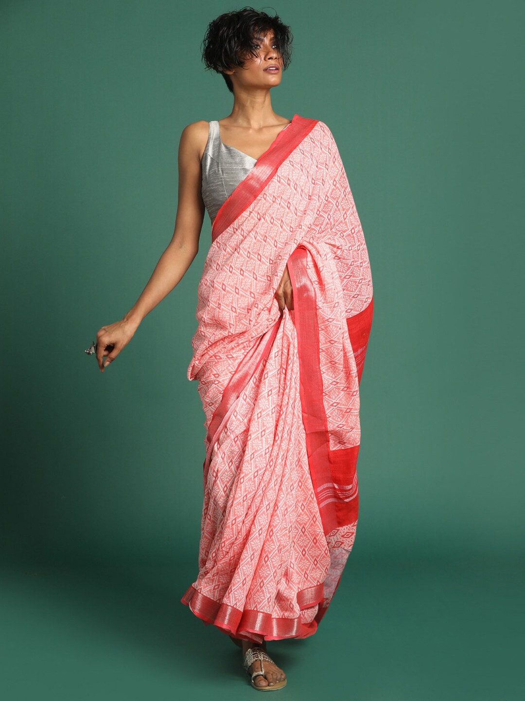 

Indethnic Red & Pink Ethnic Motifs Zari Bhagalpuri Saree