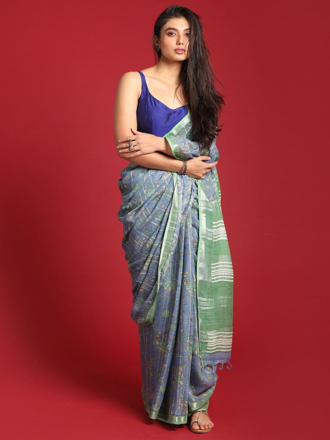 

Indethnic Blue & Green Floral Zari Bhagalpuri Saree