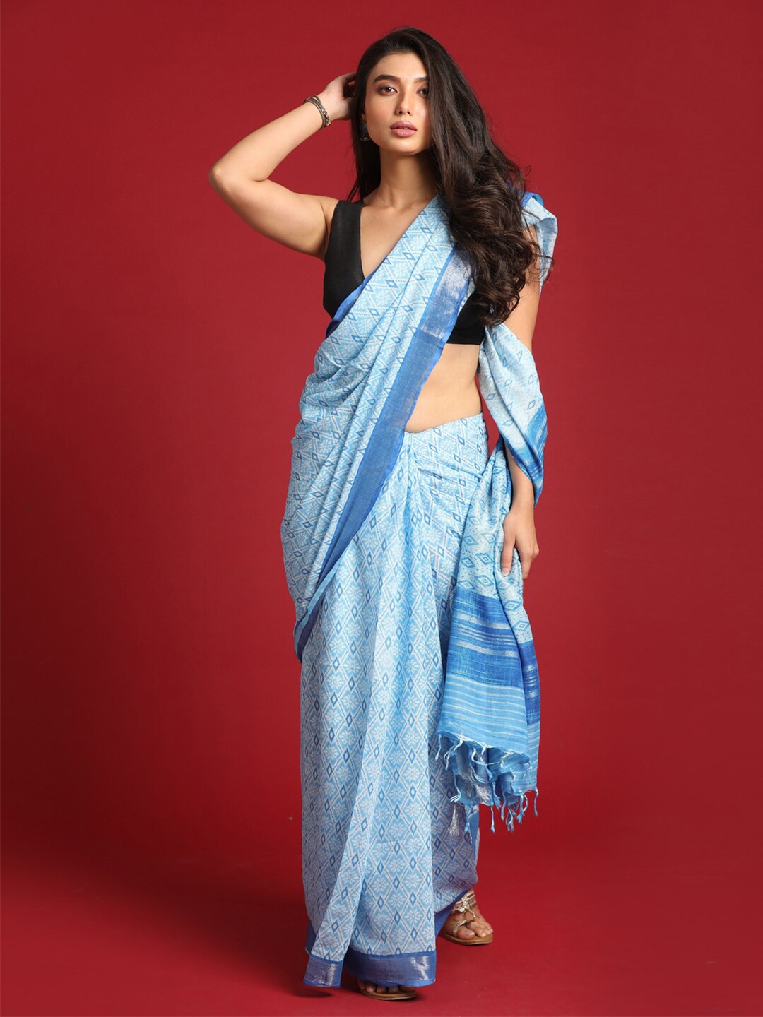 

Indethnic Blue & Silver-Toned Geometric Printed Zari Bhagalpuri Saree