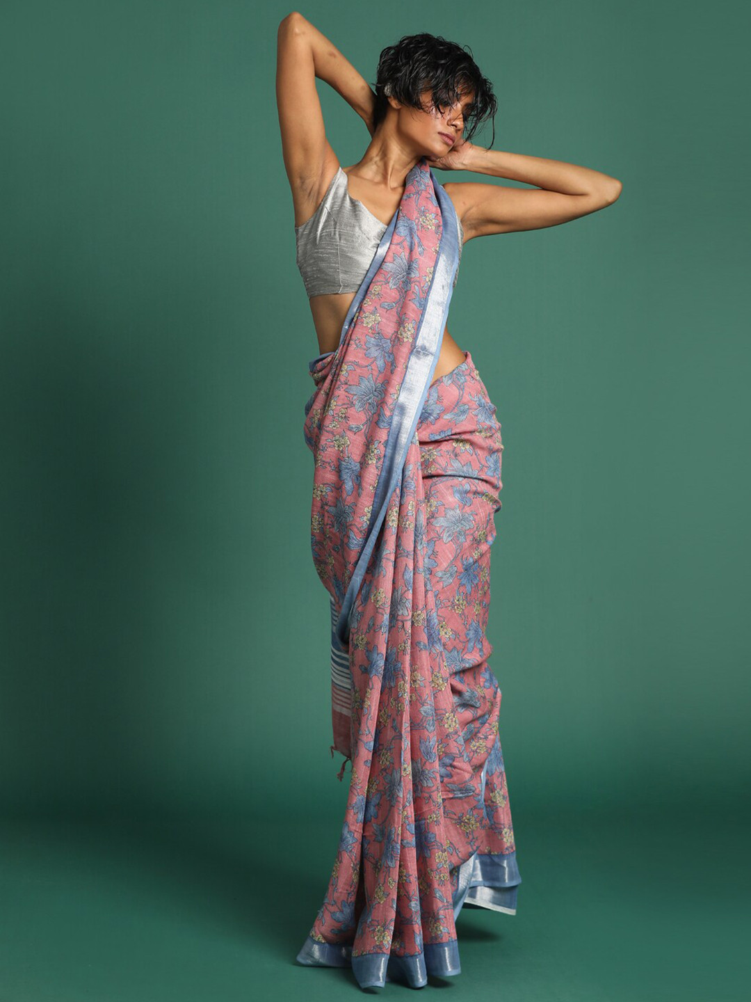 

Indethnic Coral & Blue Floral Printed Zari Cotton Blend Bhagalpuri Saree