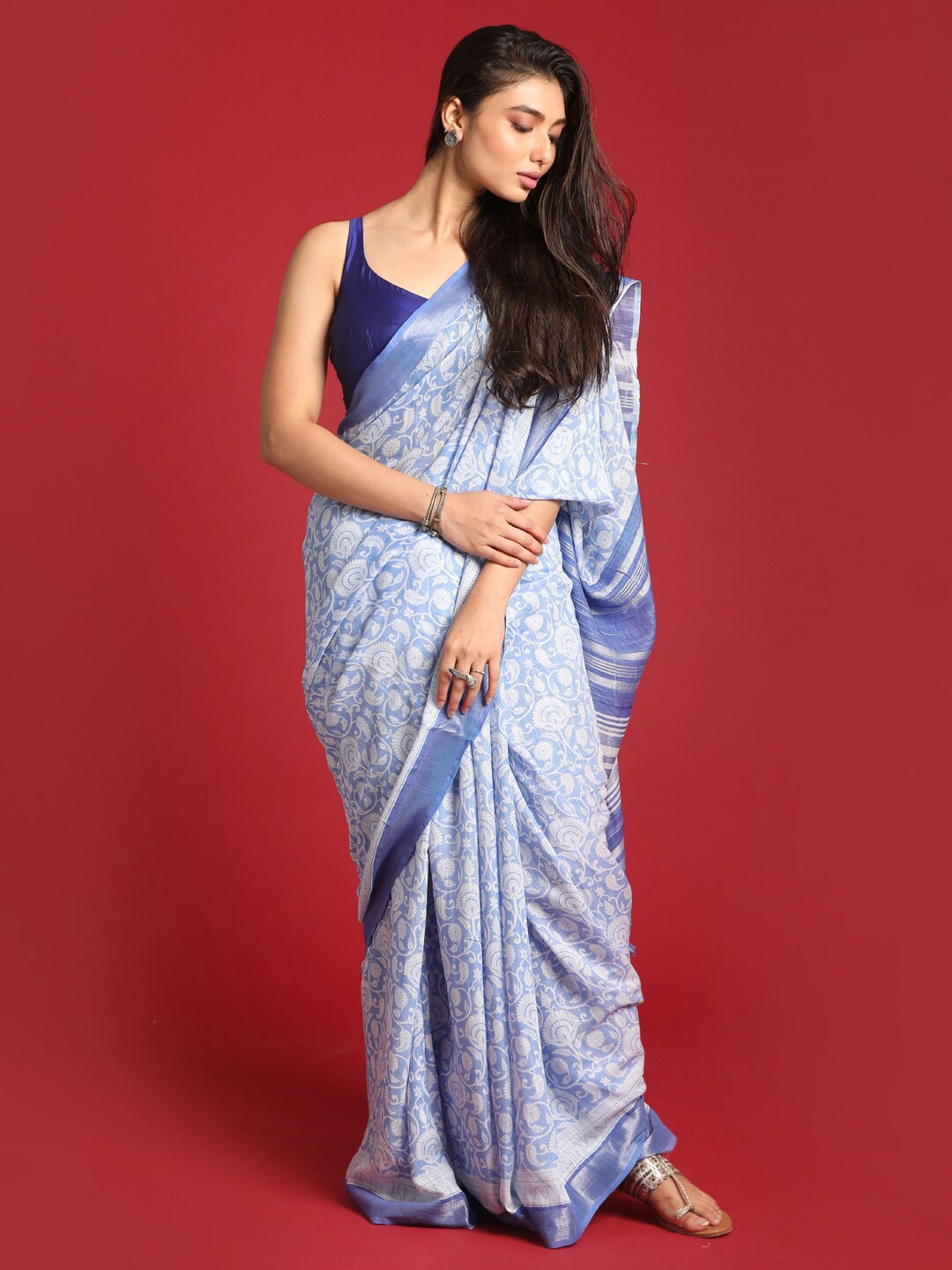 

Indethnic Blue & White Ethnic Motifs Zari Bhagalpuri Saree