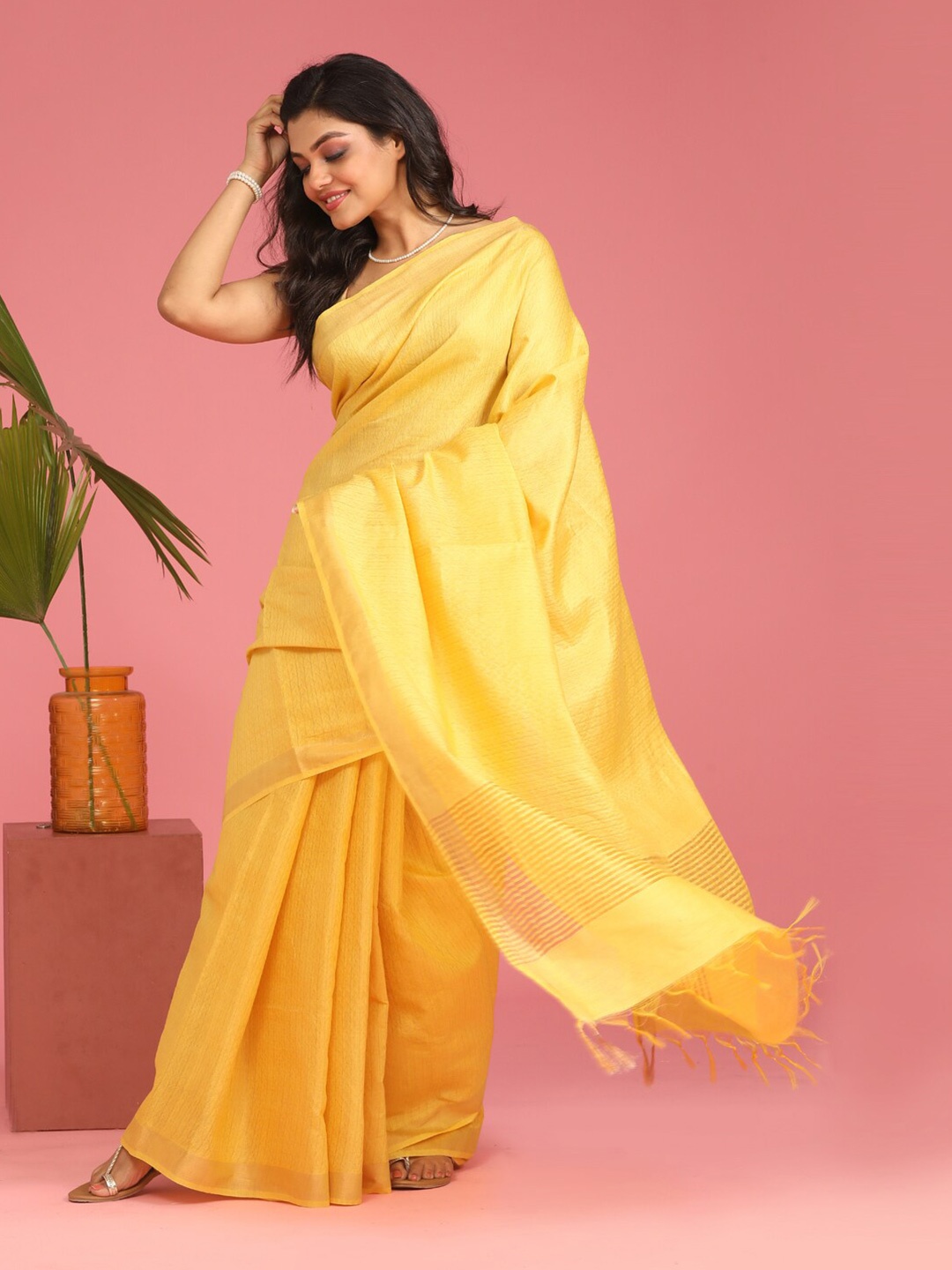 

Indethnic Yellow & Gold-Toned Zari Bhagalpuri Saree