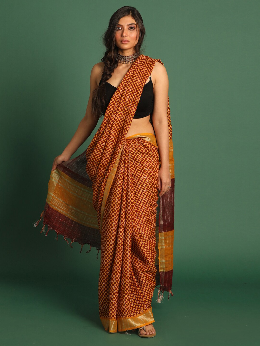 

Indethnic Yellow & Gold-Toned Zari Bhagalpuri Saree