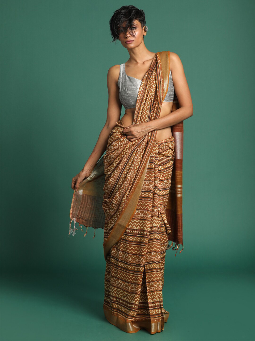 

Indethnic Mustard & Beige Zari Bhagalpuri Saree