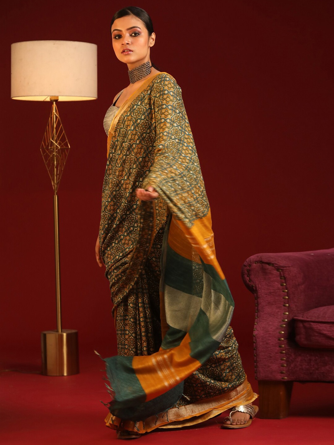 

Indethnic Khaki & Orange Handloom Bhagalpuri Saree