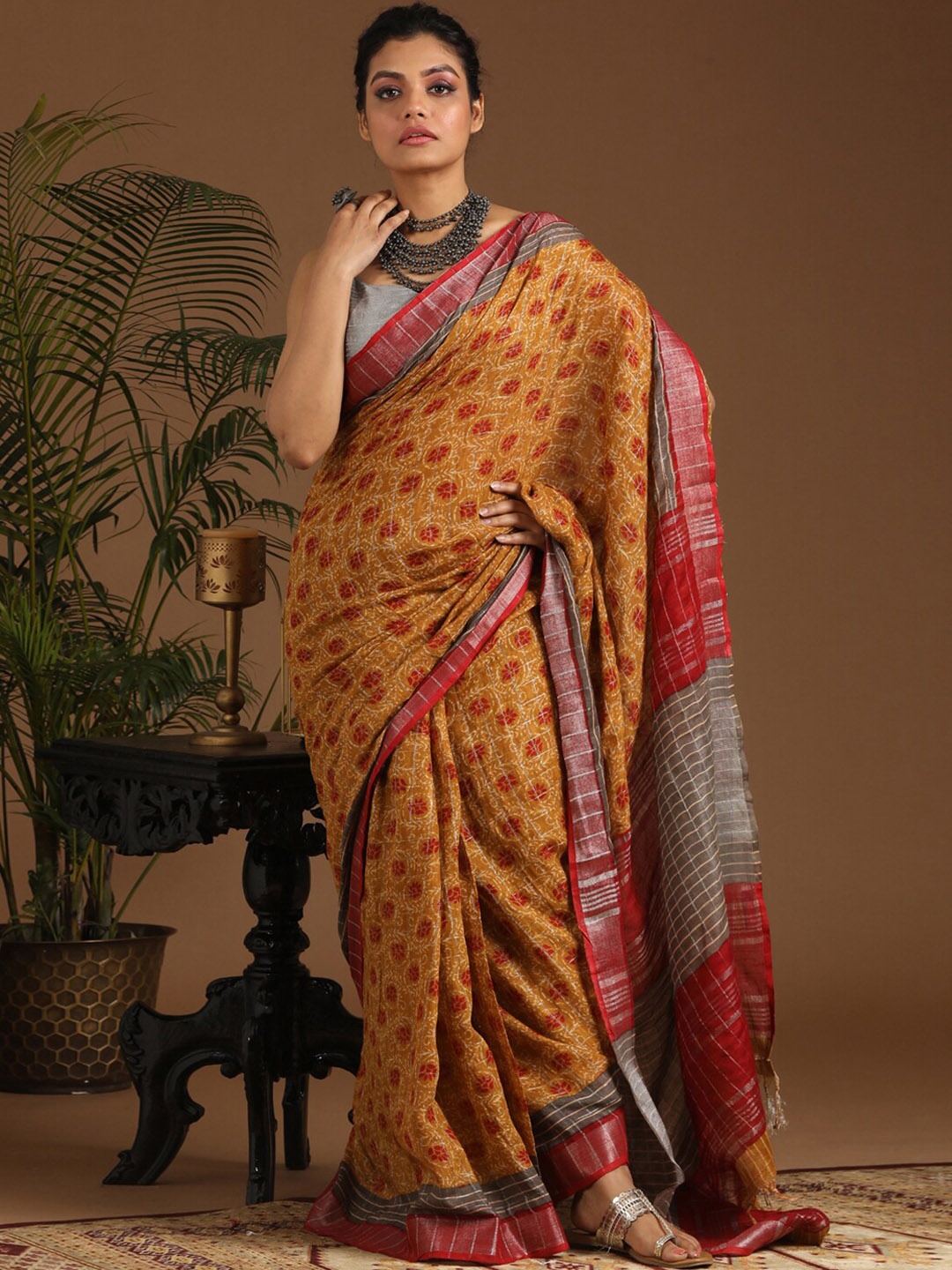 

Indethnic Yellow & Red Floral Printed Zari Bhagalpuri Saree