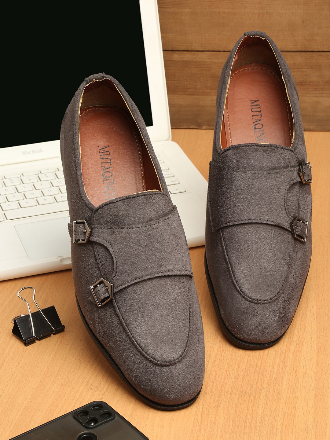 

MUTAQINOTI Men Grey Suede Formal Monk Shoes