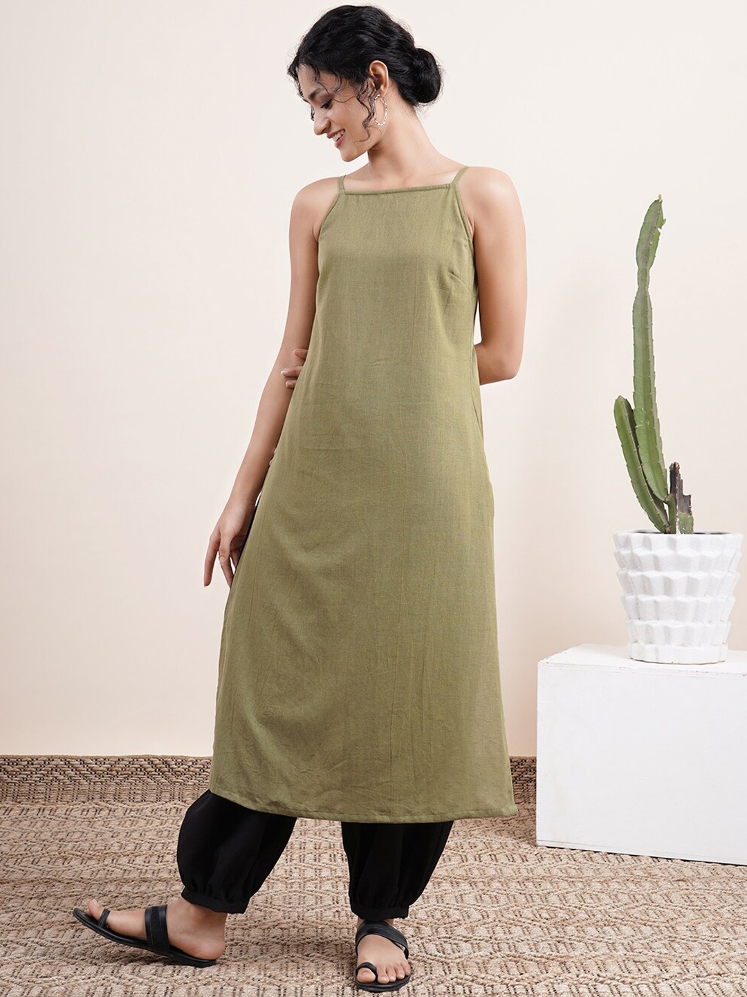 

Abhishti Women Olive Green Shoulder Strap Kurta with Button Details