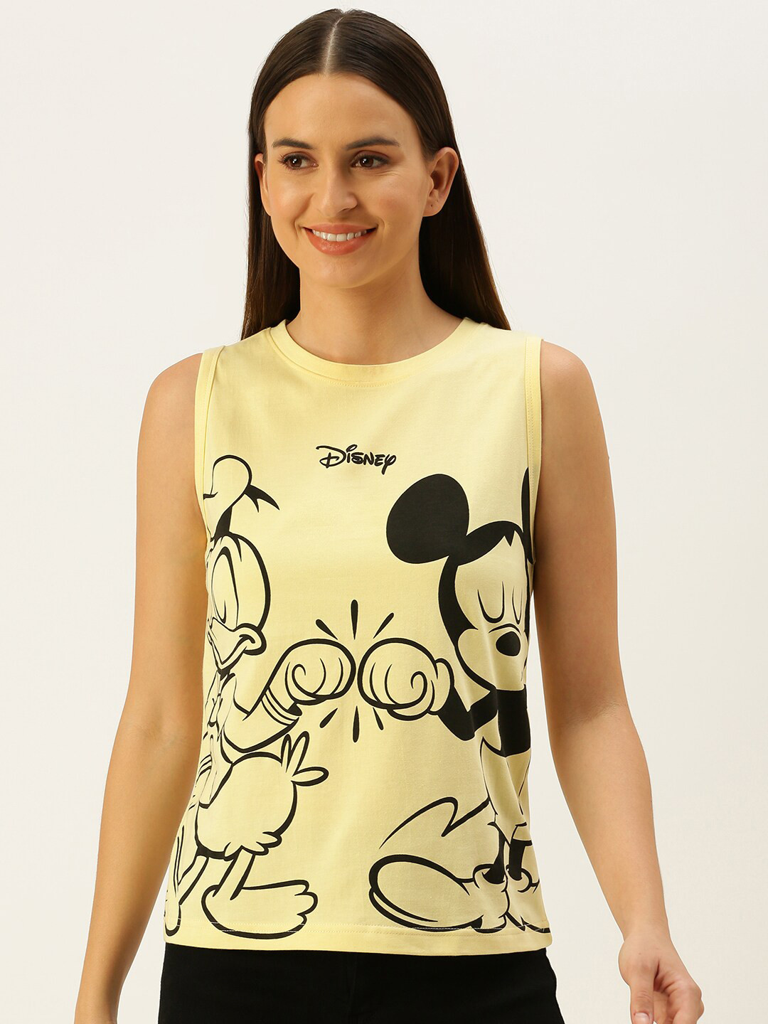 

JUNEBERRY Women Yellow Mickey Mouse Printed Monochrome Raw Edge T-shirt