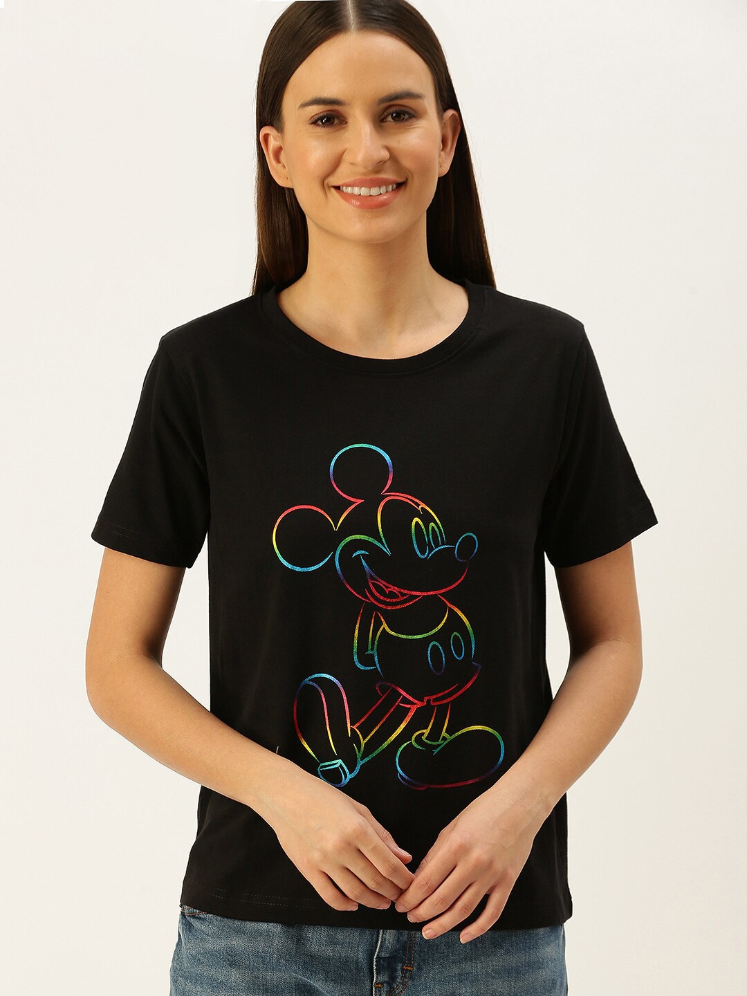 

JUNEBERRY Women Black Mickey Mouse Printed Extended Sleeves T-shirt