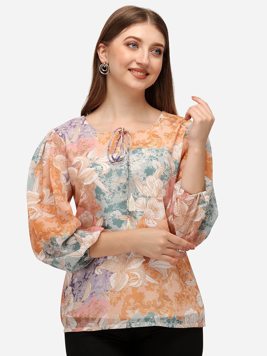 

Fbella Multicoloured Floral Print Tie-Up Neck Chiffon Top, Multi