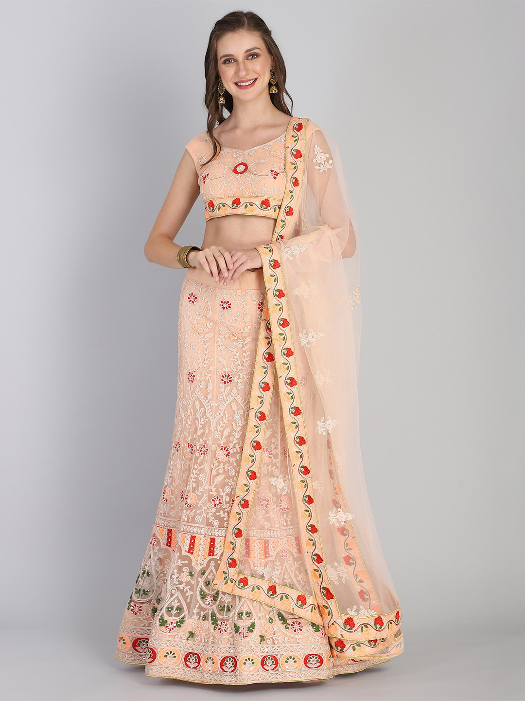 

Rajesh Silk Mills Peach Embroidered Semi-Stitched Lehenga & Unstitched Blouse With Dupatta